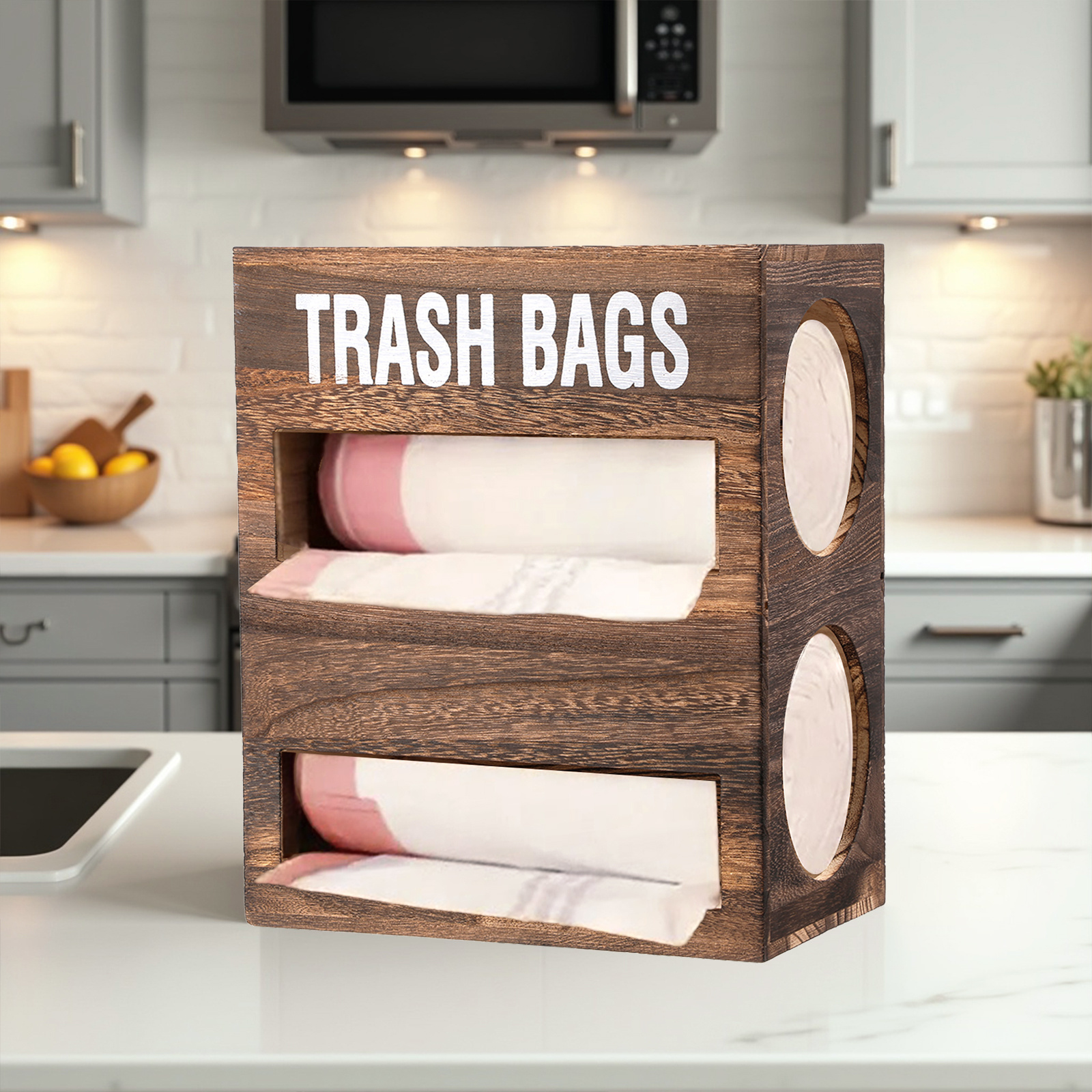 TEMU Wall- Mounted Large Double- Layer Wooden Garbage Bag Storage Box Dark Brown Color, 2- In- 1 Large- Capacity Grocery Bag Dispenser Suitable For
