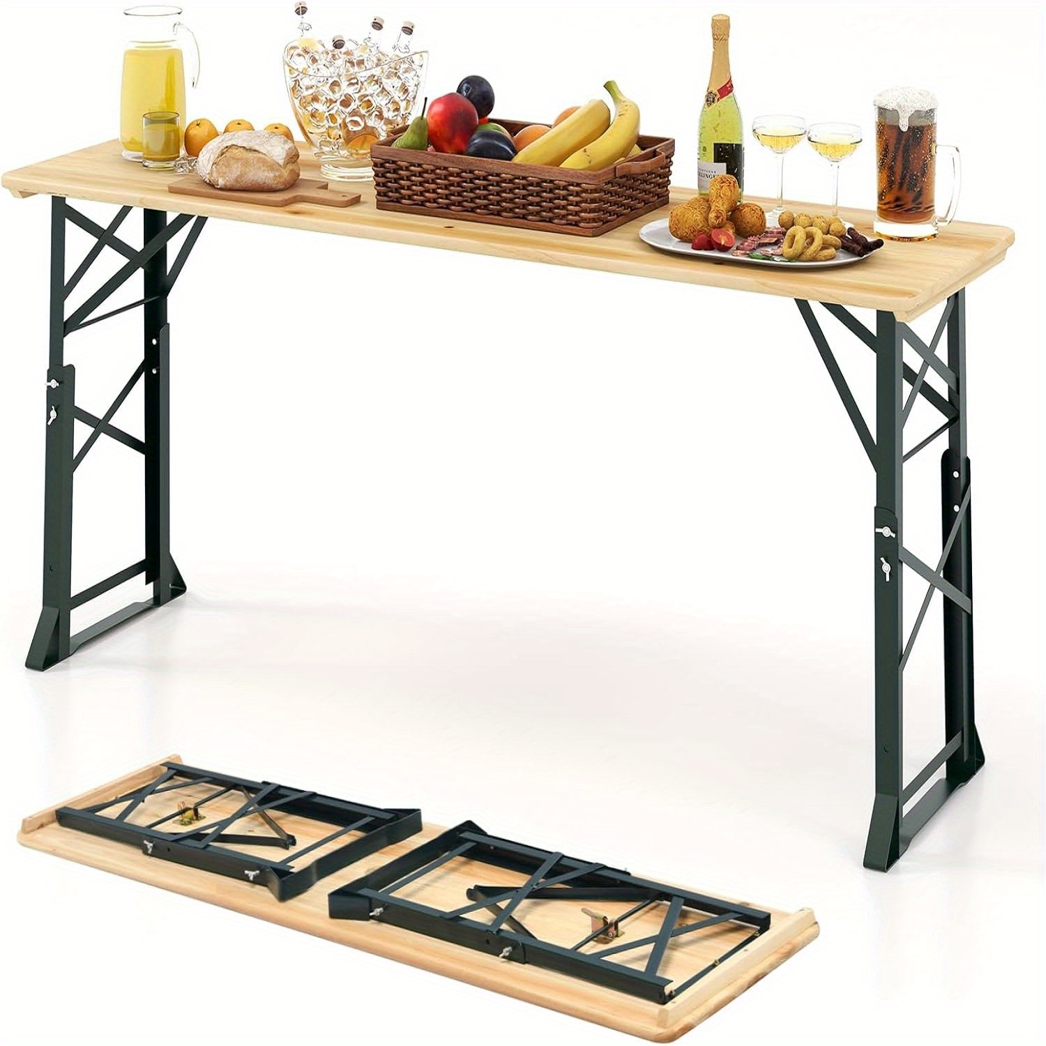5.5ft Folding Picnic Table, Portable Outdoor Beer Table W/umbrella Hole & 2 Adjustable , Heavy Duty Metal Frame Dining Table W/solid Wood Top