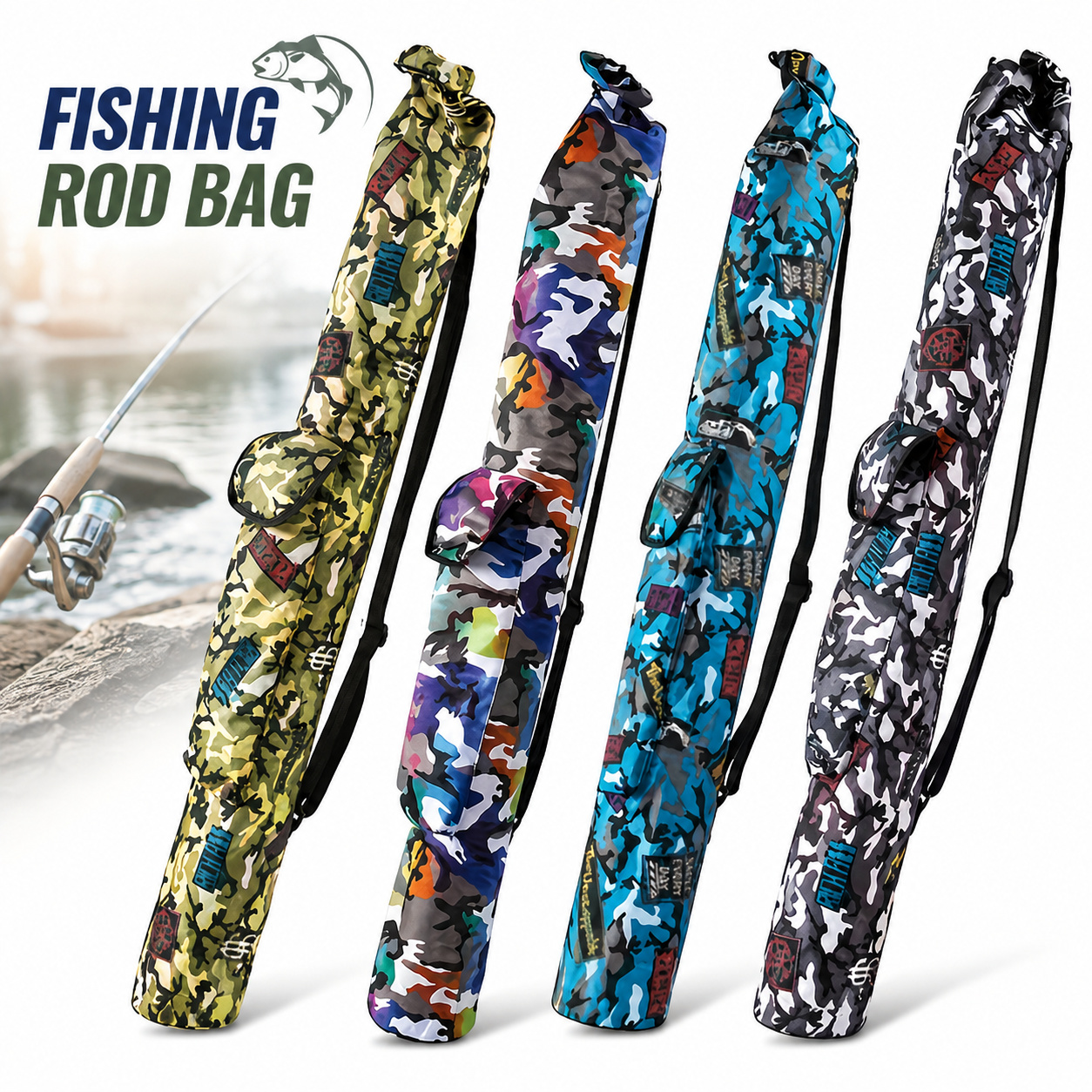 camo fishing pole case Fire Orange with Camo Bag floatable neoprene prevents tip breakage and guide damage during trailering and boat travel Doorslay Fishing Rod Case –