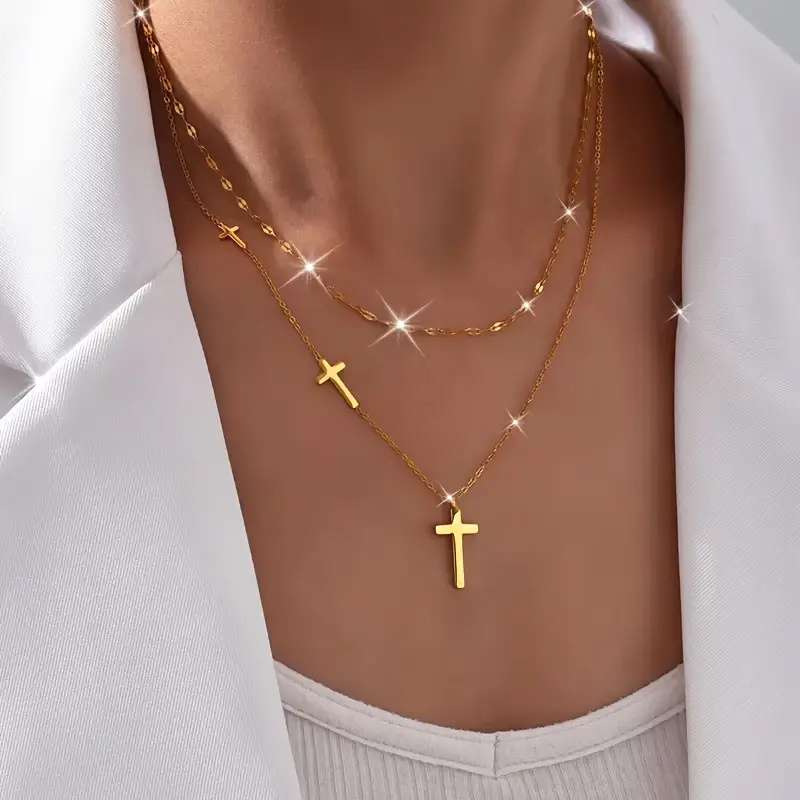Image of Hypoallergenic 18k Gold Plated Stainless Steel Double Layer Cross Necklace - Women's Fashion Minimalist Choker, Perfect For Daily Wear Valentine's Day Day.