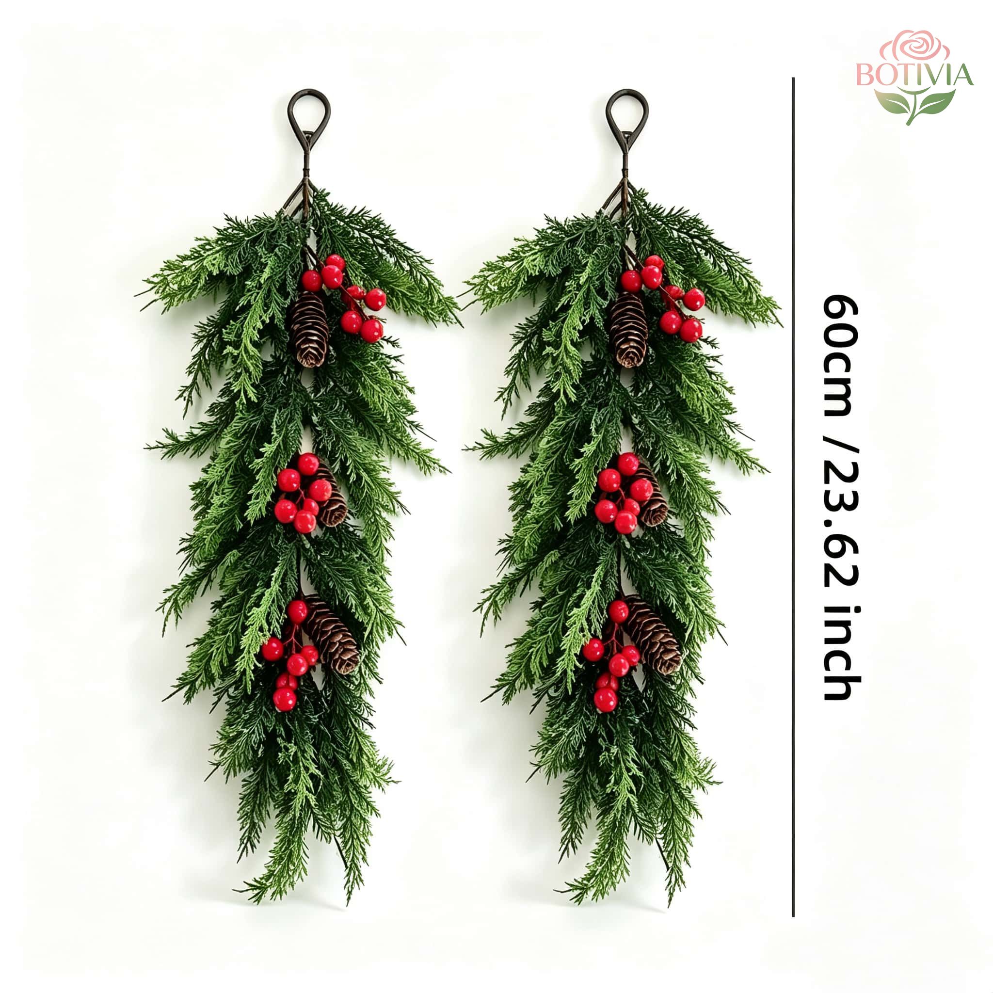 TEMU 2pcs Realistic Christmas 23.62 Inches, Emerald Branches With Red Berries And Pinecones, Maintenance-free, Front Door And Entrance Wall Decor,