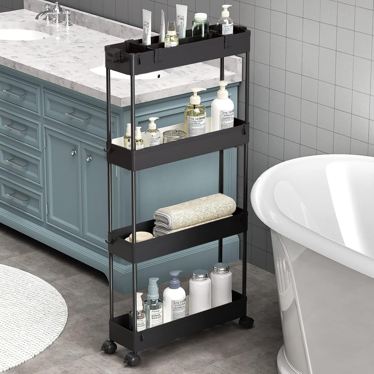 Storage Trolley, 4 Tier Bathroom Rolling Slide Out Utility Cart, Mobile Shelving Unit Storage Trolley For Office Bathroom Kitchen Laundry Room Tight Spaces