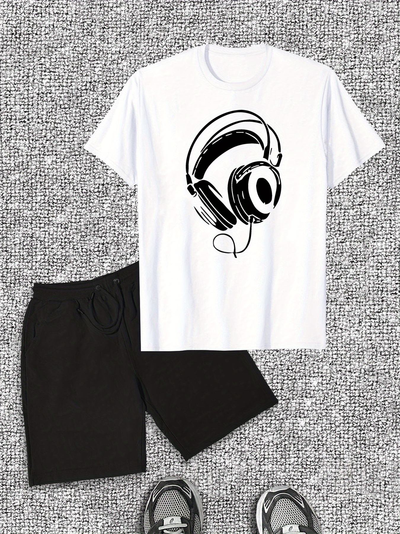 Men's Headphones Pattern Short Sleeve T-Shirt and Shorts Casual Set
