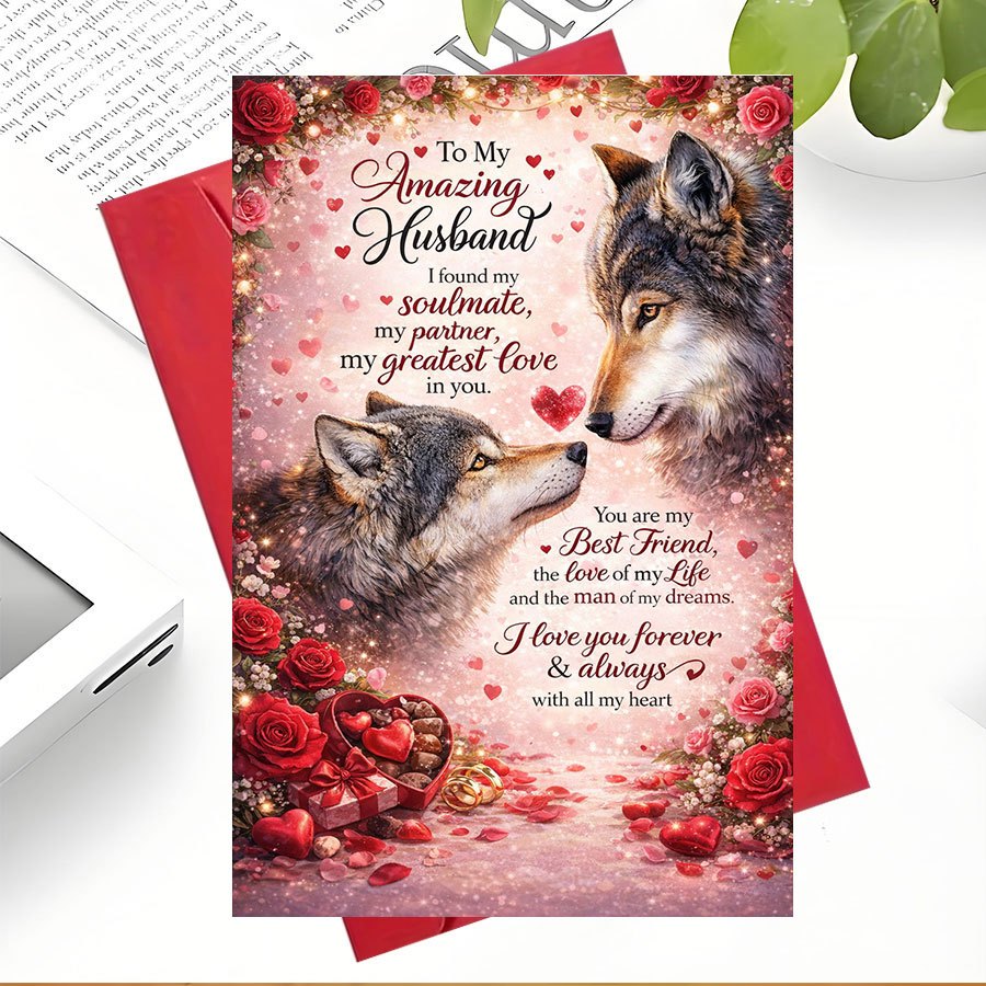 TEMU 1pcgreeting Card + 1pc Enveloperomantic Card With Wolf Couple And Message Perfect For Anniversaries Valentines Day Or Special Moments From Wife