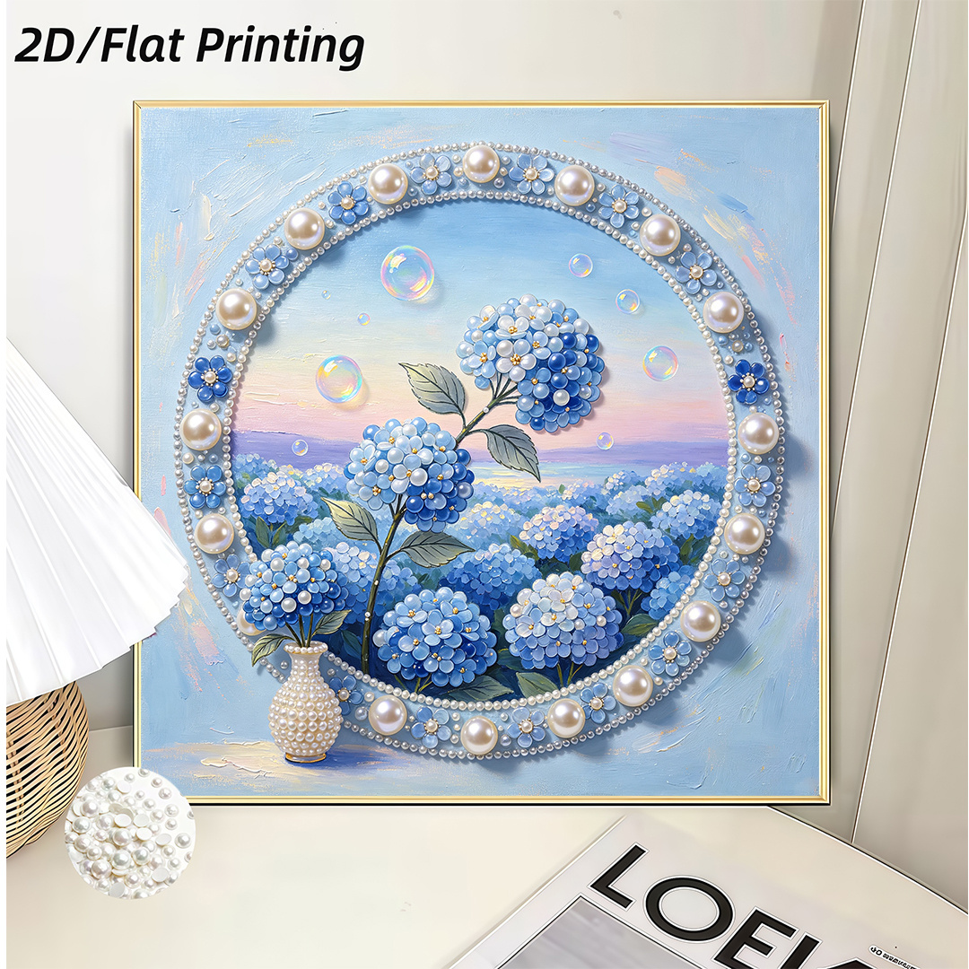 TEMU New Diy Frameless Pearl Painting, [handmade Creative Diamond Painting Pendant Featuring A Blue Hydrangea Sea Of Flowers Design, Includes Pearls