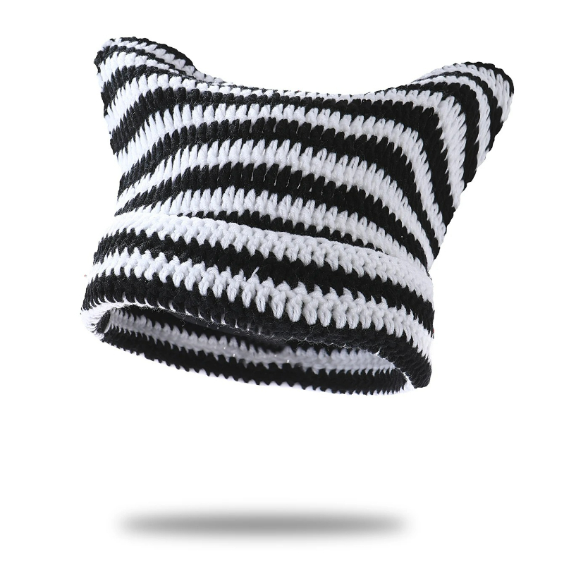TEMU Autumn And Winter New Cute Cat Ears Warm Hat For Women Head Hat Striped Hat Christmas