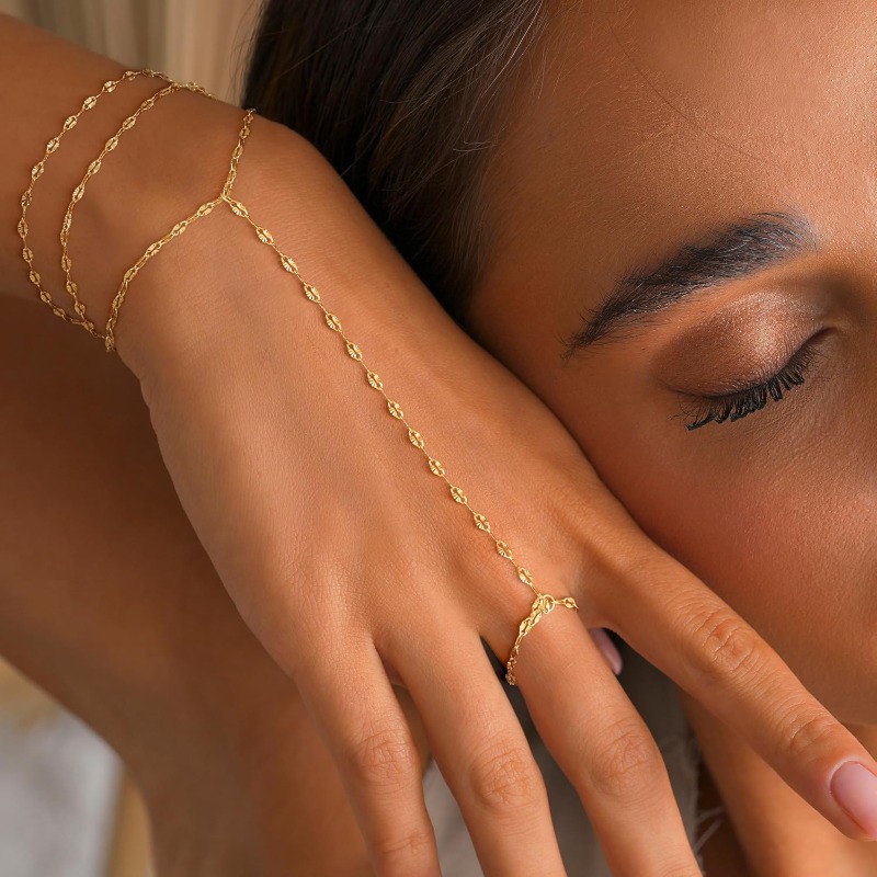 2pcs Golden Hand Chain Bracelets Set for Women, Adjustable