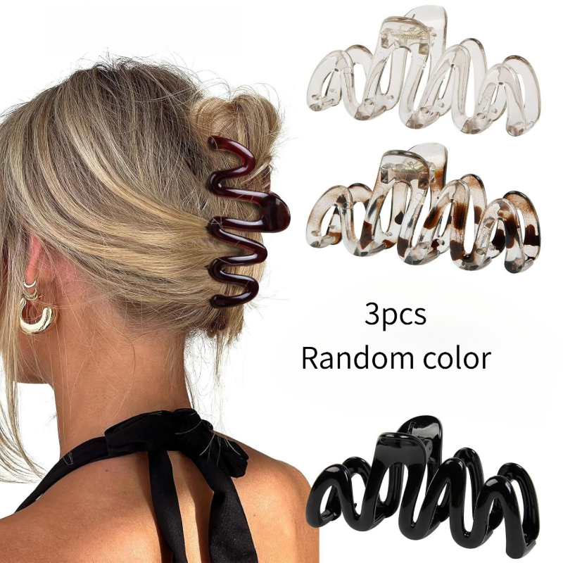 TEMU 3pcs Korean Easy Wavy Hair Claw Clips Fashion Versatile Back Of Head Updo Hair Clips Hair Additions Random Color Women's Trendy Large Size Hair
