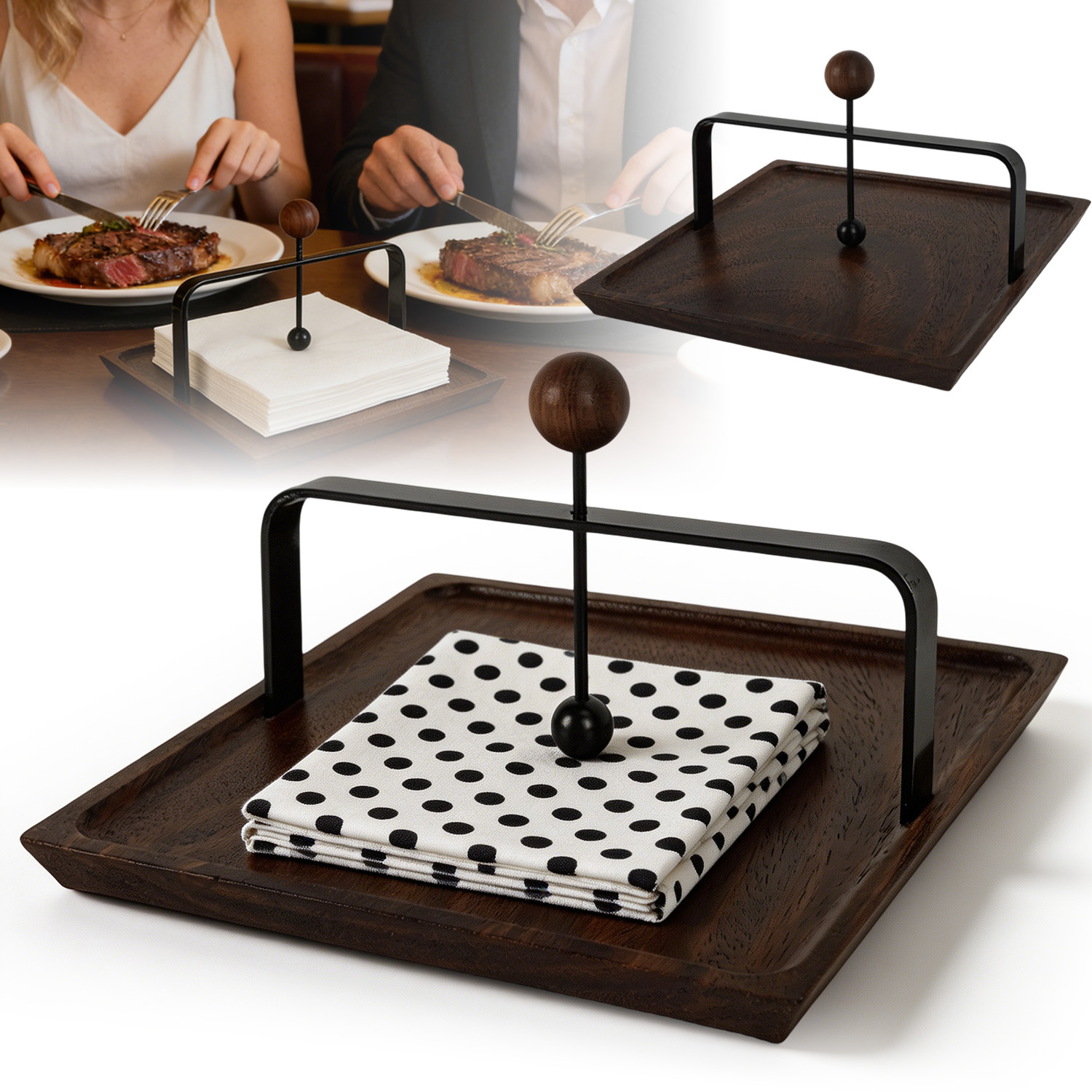 Wood Napkin Holder With Pressure Arm Dispenser - Compact Desktop Napkin Display Rack Suitable For, Restaurants, Cafes, Catering - Table Accessory For Dining Tables, Buffets & Commercial Use