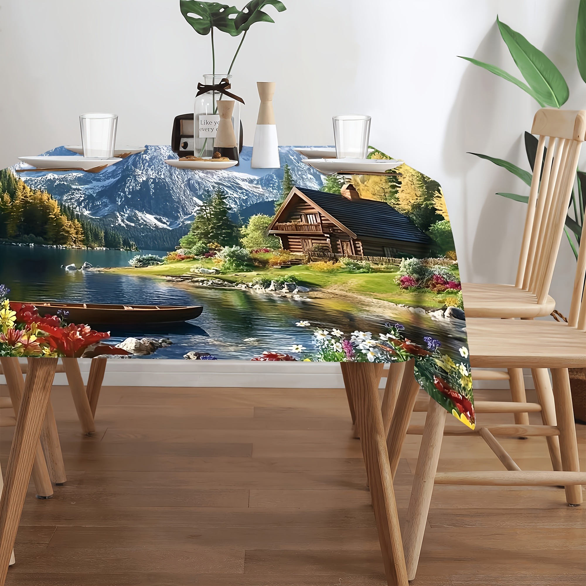 TEMU 1pc - Single-sided Printed Tablecloth Featuring A And With A Wooden Cabin Design, Perfect For Outdoor Patios. Ideal For Dining Rooms, Kitchens,