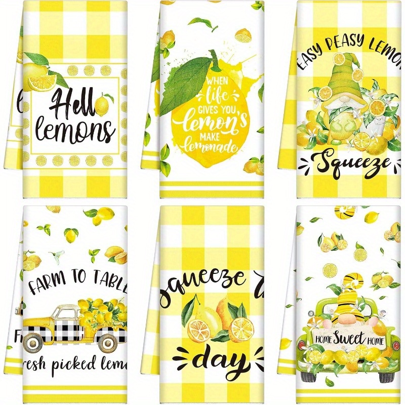 

6-pack Lemon-themed Dish Towels Set - 18x26 Inch Polyester Woven Kitchen Towels, Soft & Machine Washable, Cartoon Design For Home Decor, Housewarming Gift - Super Soft Tea Towels