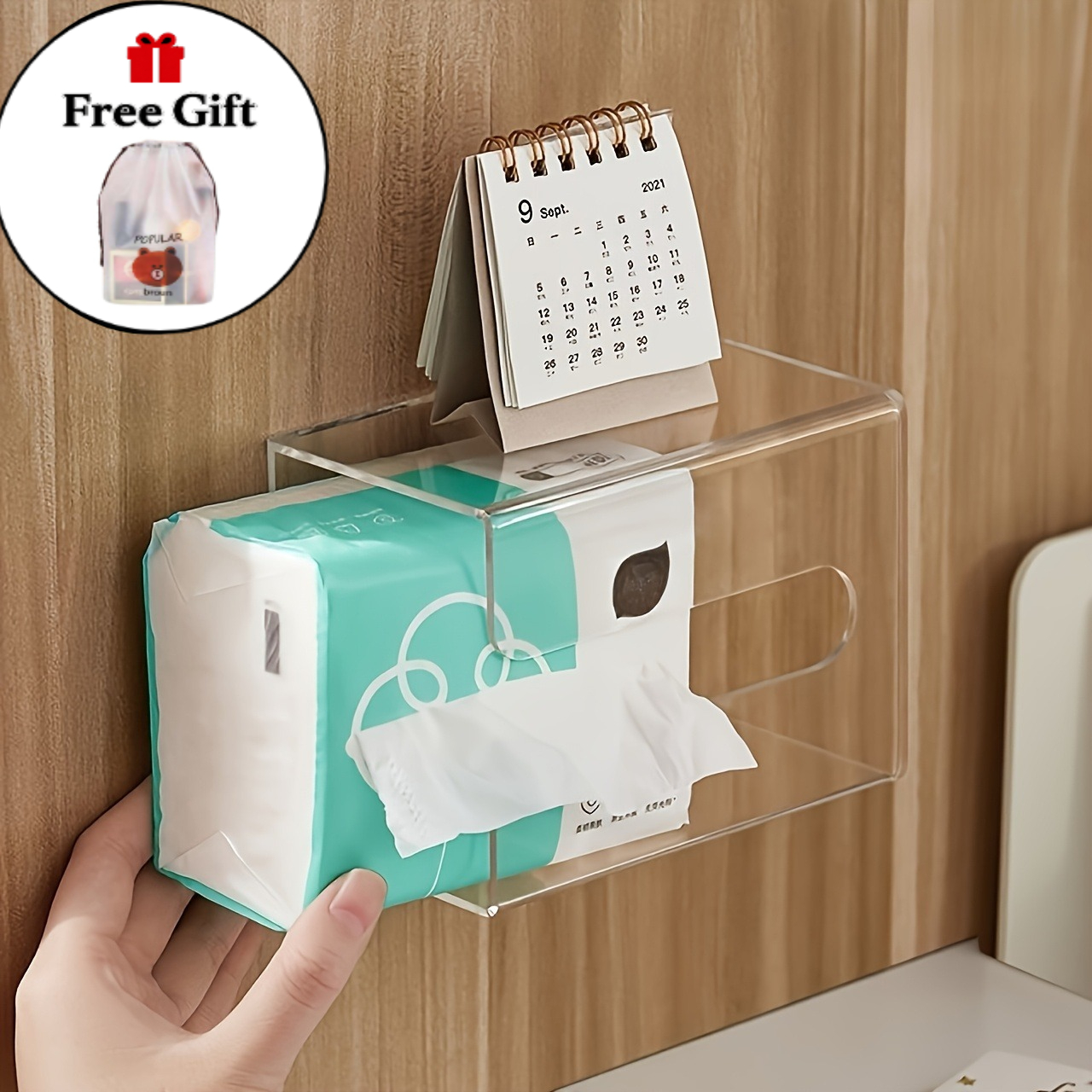 TEMU 2pcs Set (1pc No-drill Wall-mounted Tissue Box And 1pc Storage Bag) Acrylic Material, Suitable For Kitchen, Bathroom And Bedroom Tissue Storage,