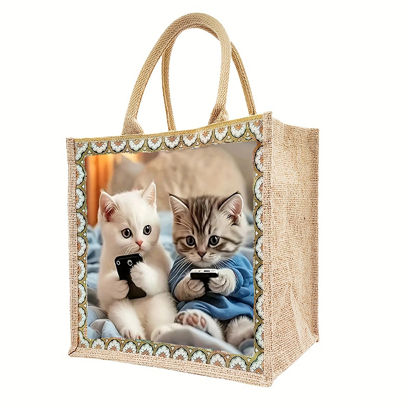 TEMU 1 kit de peinture diamant - Grand sac fourre-tout imperméable en lin, motif de chatons mignons jouant avec un téléphone portable - Cadeau pour
