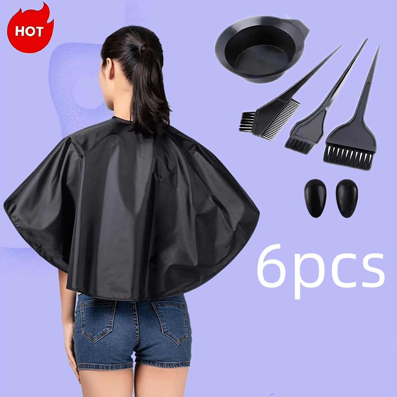 TEMU Hair Dyeing Tool Set (6pcs Set), Includes 3 Hair Dyeing Brushes, 1 Hair Dyeing Cape, 1 Hair Dyeing Color Mixing Bowl, 1 Pair Of Ear Tips, Salon