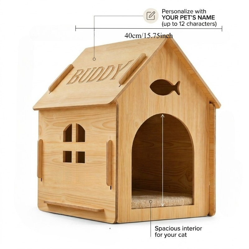 Custom Engraved Pet Name Modular Assembled Wooden Indoor Cat House, Personalized Fish Cutout & Window Cozy Shelter, Rustic, Spacious Private Nest for Furry Friends, Unique Gift to Build Warm Exclusive Space for Beloved Cats
