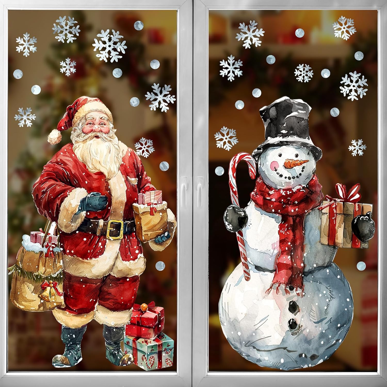 TEMU Christmas Window Clings Decorations: 2 Sheets Extra Large Santa Claus Snowman Window Clings With Snowflakes, Watercolor Rustic Xmas Stickers For
