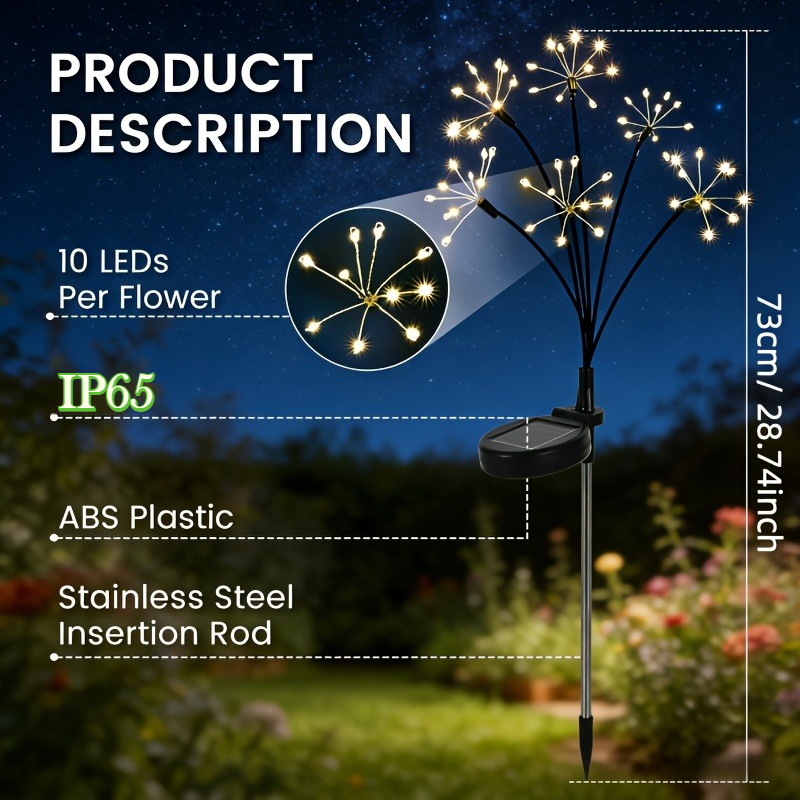 E-shop 60-LED solarbetriebene Gartenleuchten, schwingende Solarleuchten mit Bewegungssensor, kleine dekorative Solar-Feuerwerkslichter, geeignet für