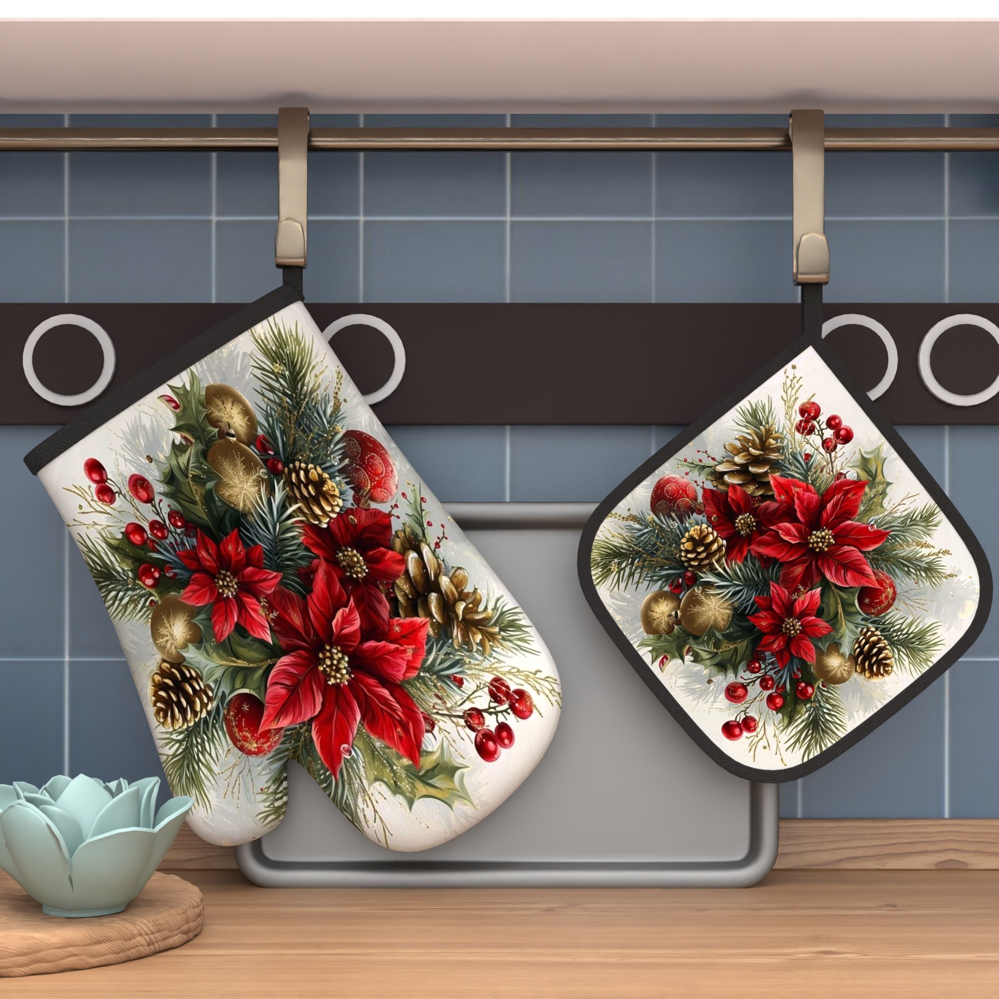 TEMU 2pcs Oven Mitts And Pot Holders, Size 10..7 Inches, Red And Green Christmas Theme Design. Heat-resistant Additions Are Perfect For Cooking,