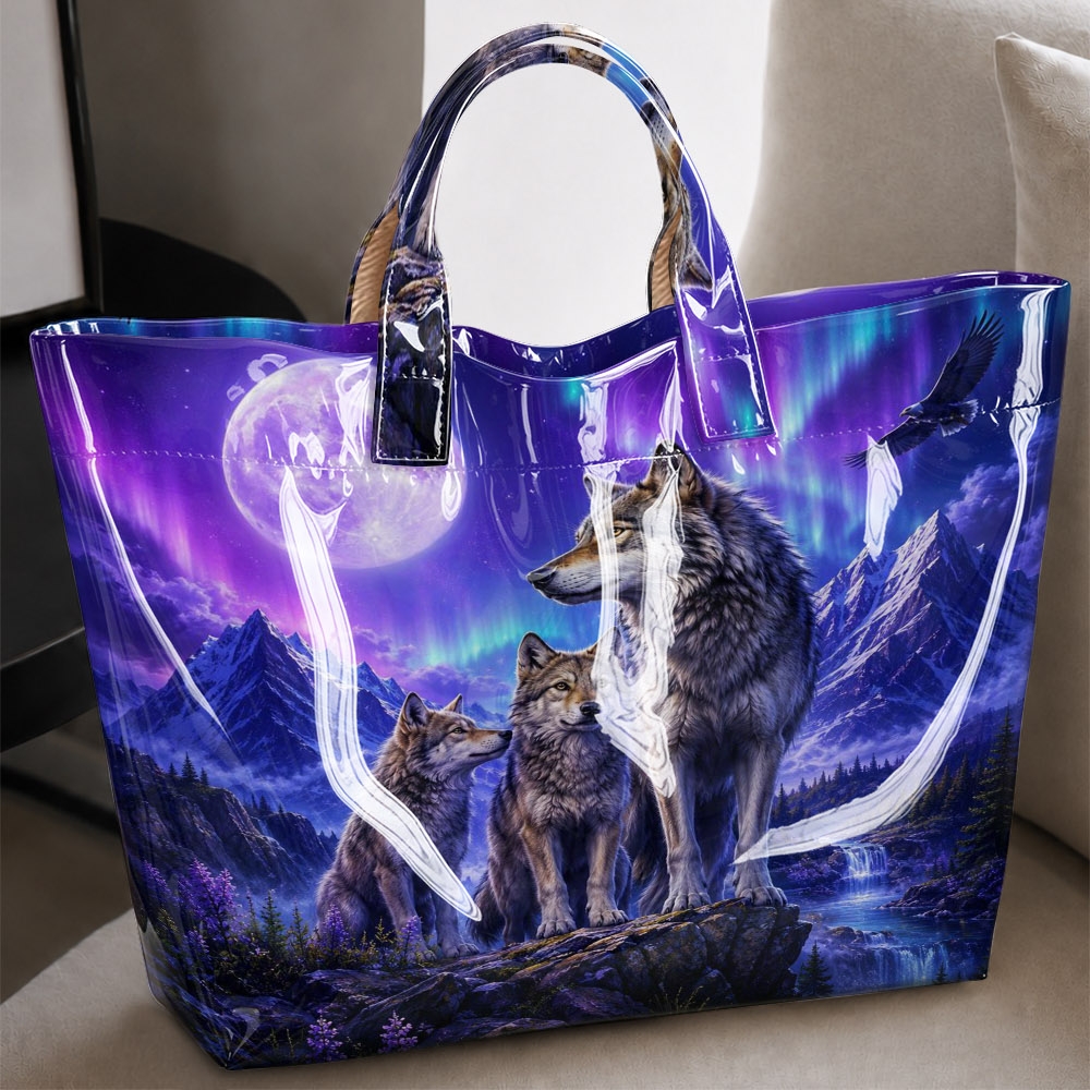 Image of Northern Lights Wolf Family Printed Tote Bag Mystical Wildlife Style Glossy Shoulder Bag Spacious Large Capacity Handbag Suitable For Outdoor Trips Casual And Travel