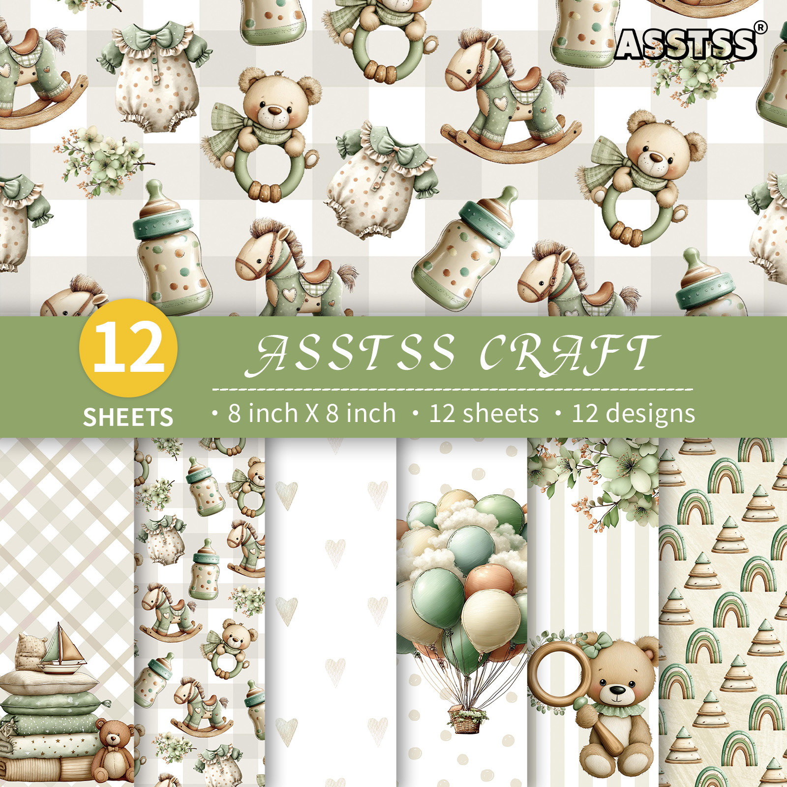 TEMU Bloc de papier épais pour scrapbooking ASSTSS de 12 feuilles, adapté au journaling, au collage et aux loisirs créatifs pour bébé - Feuilles de
