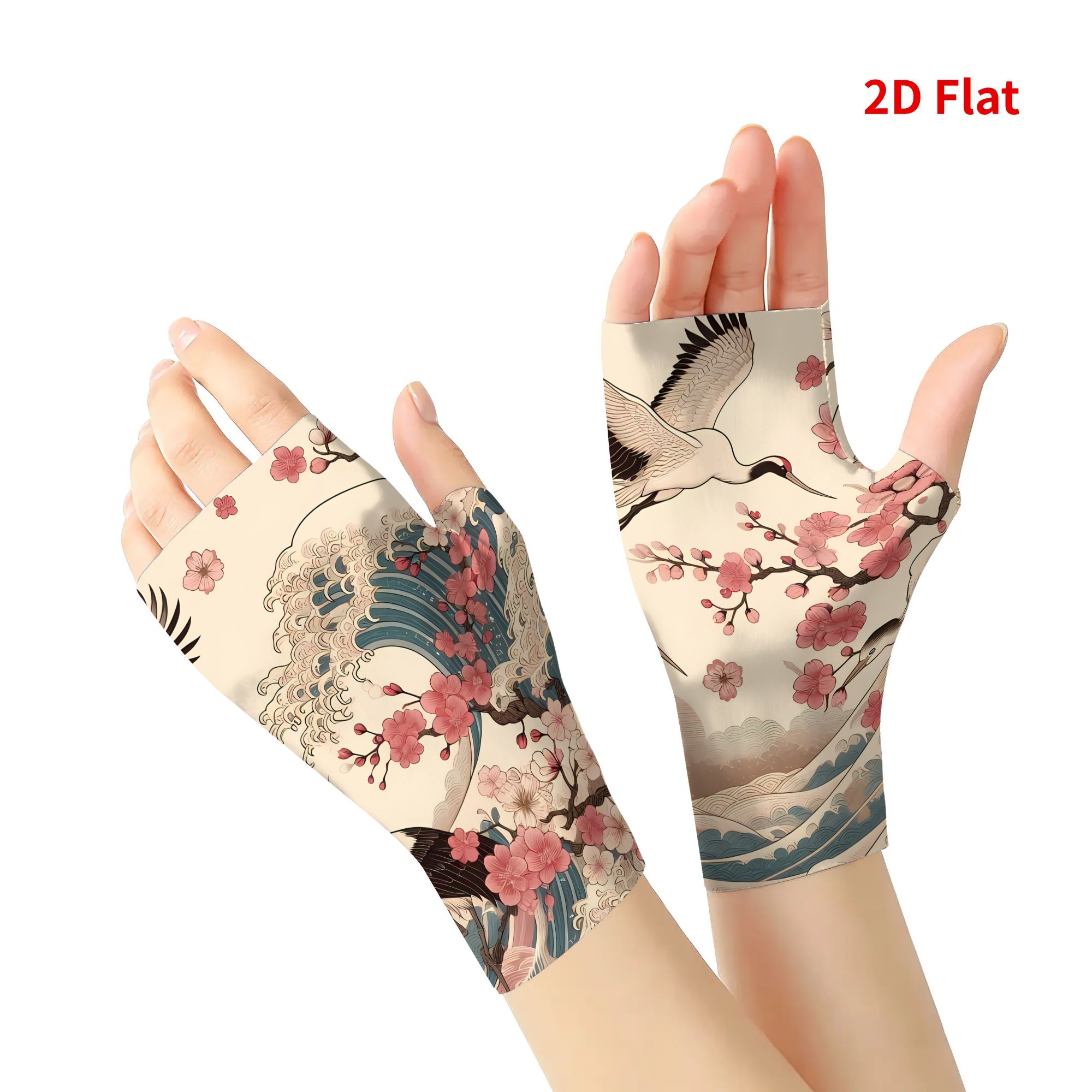 TEMU 2d Print Design Crane And Cherry Pattern Thin Fingerless Gloves Spring And Autumn Use Suitable For Daily Wear For Men And Women