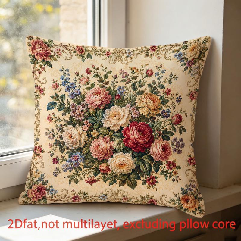 TEMU 2d Floral Print, 1pc Double-sided Pillowcase, 45x45cm, Ornate , Cream Background, Peony And Mixed Pattern, Suitable For Living Room, Bedroom,