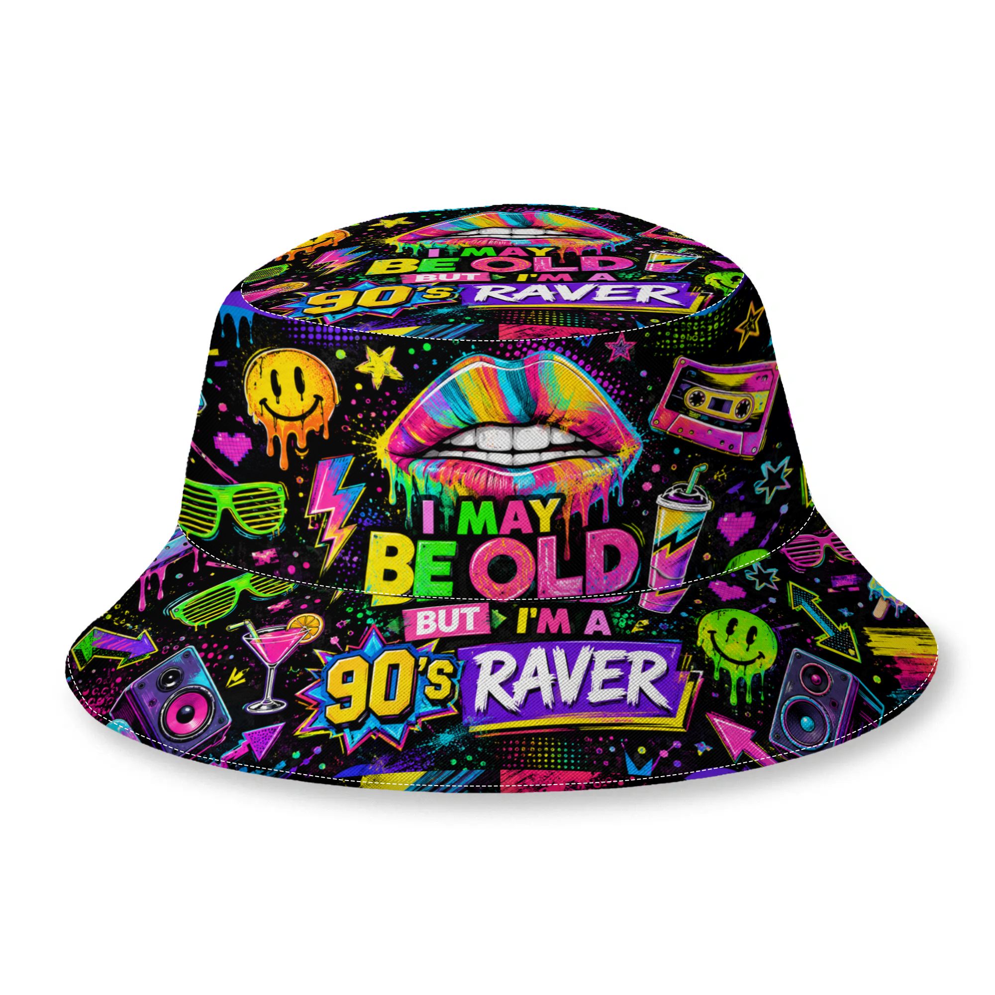 TEMU 1 stuk coole jaren 90 verkleedoutfit voor dames, rave-outfit & jaren -emmerhoed met volledige print, unisex zomerse outdoor zonnehoed, casual