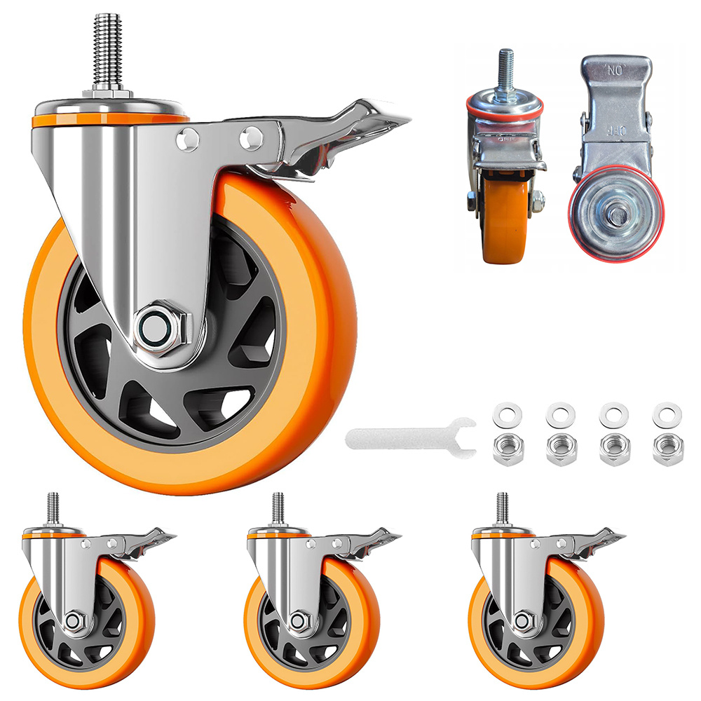 Image of 4 Pack 4 Inch M12 X 30 Swivel Caster Wheels With Brake, Heavy Duty 100mm Threaded Stem Casters, Orange Pvc And Metal Silent Universal Wheels For Shelf Furniture Office Chair, 110kg