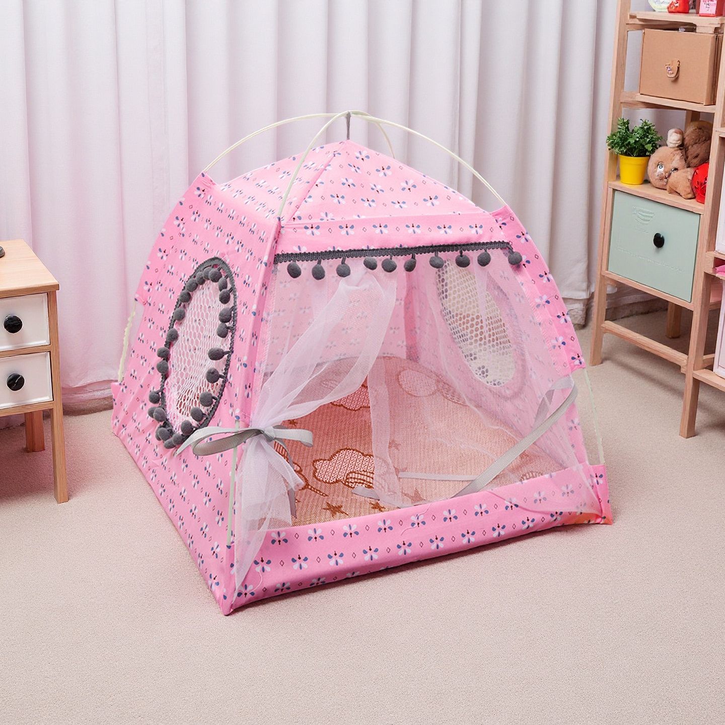 TEMU Semi-enclosed Pet Floral Tent Bed, Cute Cooling Pet Bed, Comfortable Cat Bed