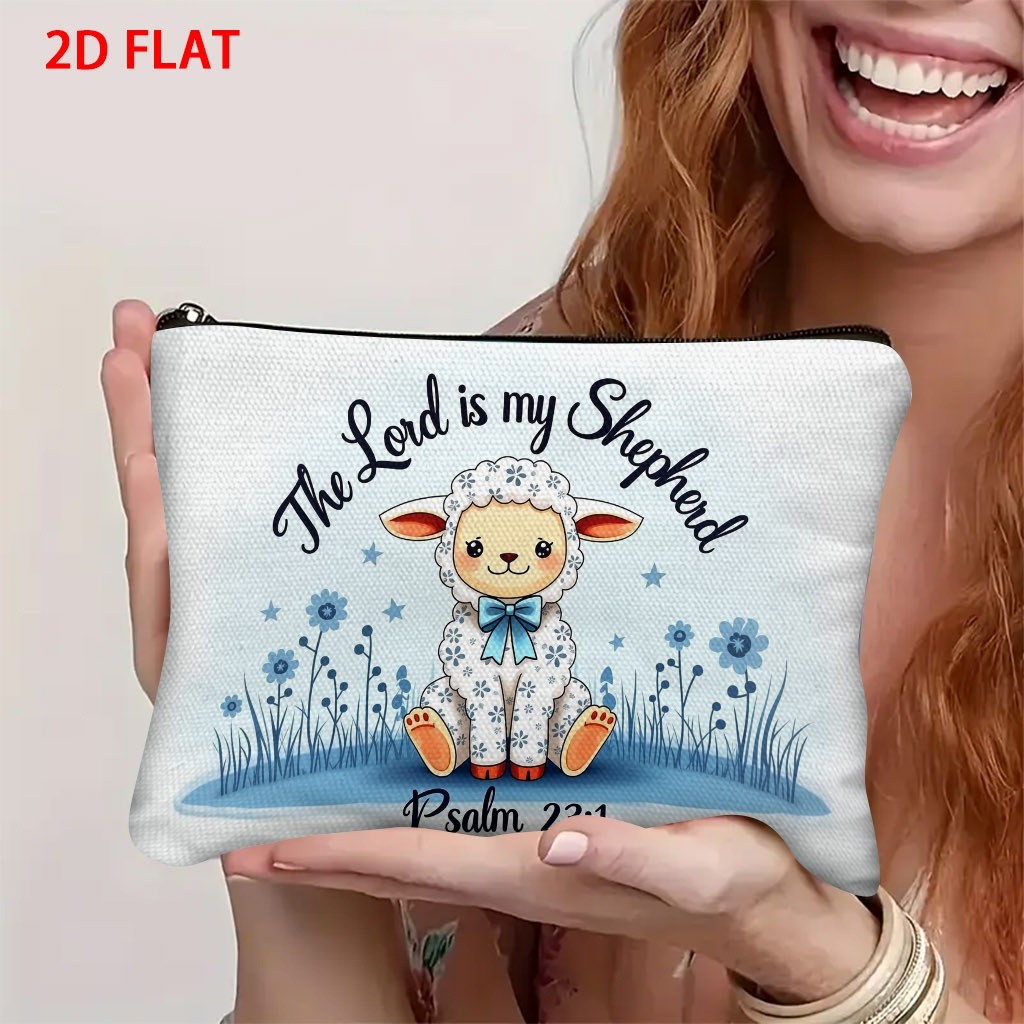 TEMU Cute Cartoon Sheep Print Makeup Bag, 5.9 X 8.66 Inch Lightweight Polyester Cosmetic Pouch With "the Lord Is My Shepherd Psalm 23:1" Lettering,