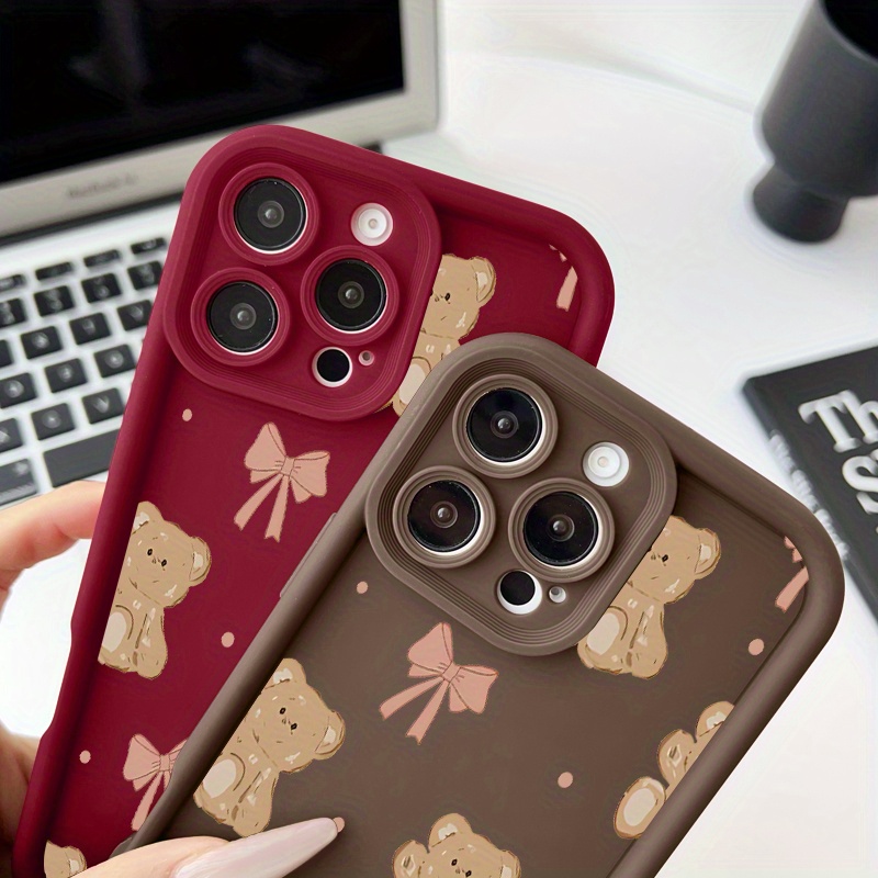 Brown bear bow Pattern Case for iPhone 16 15 14 Pro Max 13 12 11 XR XS Plus Shockproof Drop Protection Rugged Durable Silicone Cover Gifts for women men girls