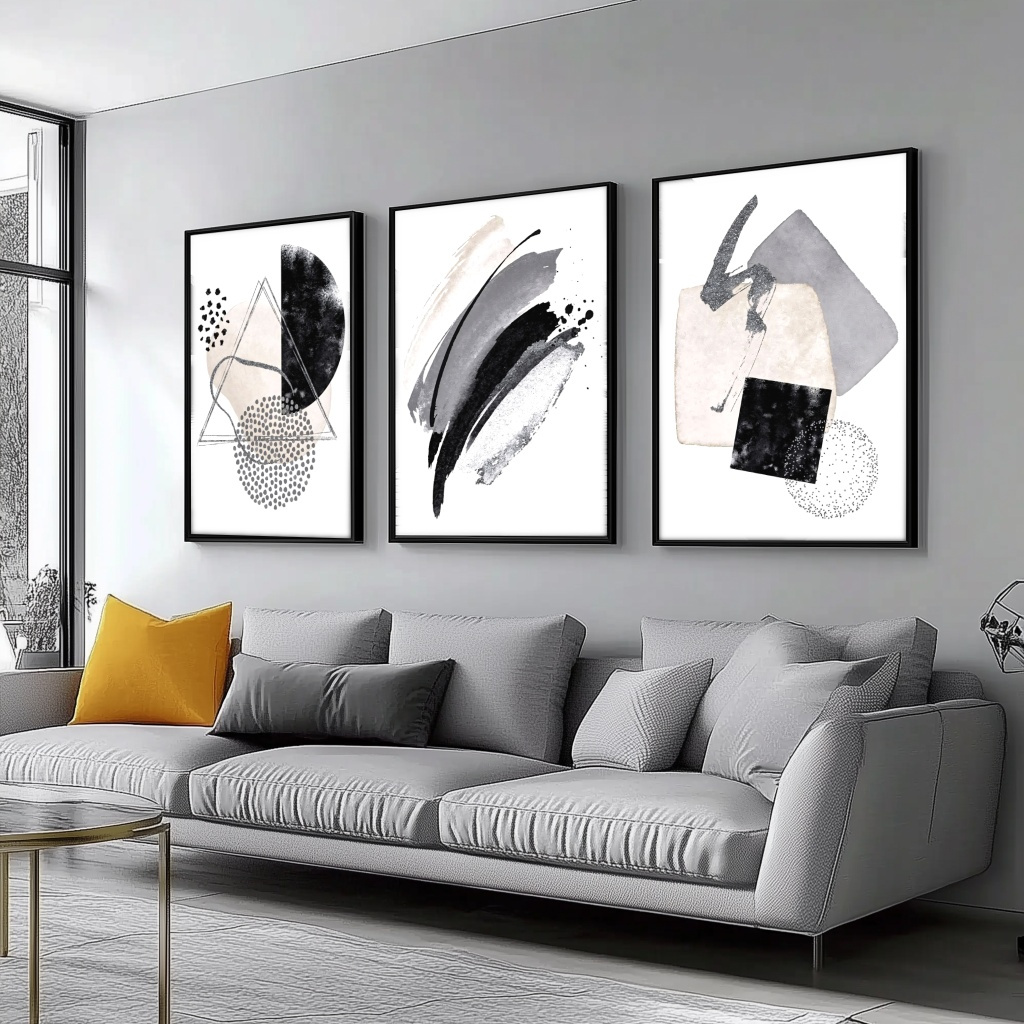 A 3pcs Set of Abstract Geometric Canvas Wall Art, Classic Modern Style Art Decor, with Pine Wood Wrapped Frames, Ink-printed, for Indoor/outdoor Decoration. Suitable for Home Office, Living Room, Bedroom, Kitchen - Spring/winter, Perfect Room Decor