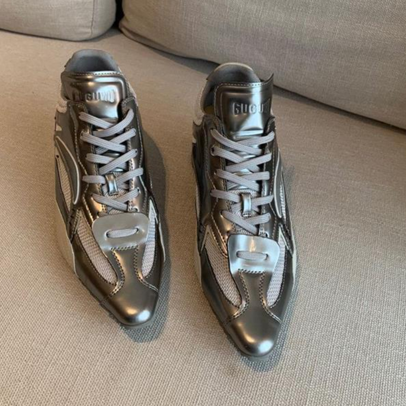 Image of Women' Casual White Sneakers For Shopping, Commuting, And Outdoor Activities; Women's Thick-soled Casual Sports Shoes, Pointed-toe Versatile Silvery Women's Shoes, Women Shoes