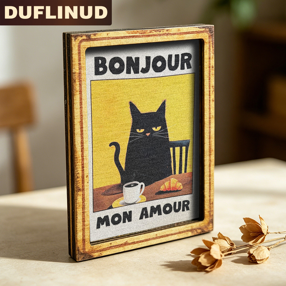 TEMU Black Cat Refrigerator Magnet, Mini Decorative Plaque With " Mon " Text, Black Cat Drinking Coffee And Eating A Croissant Design, Wooden Fridge