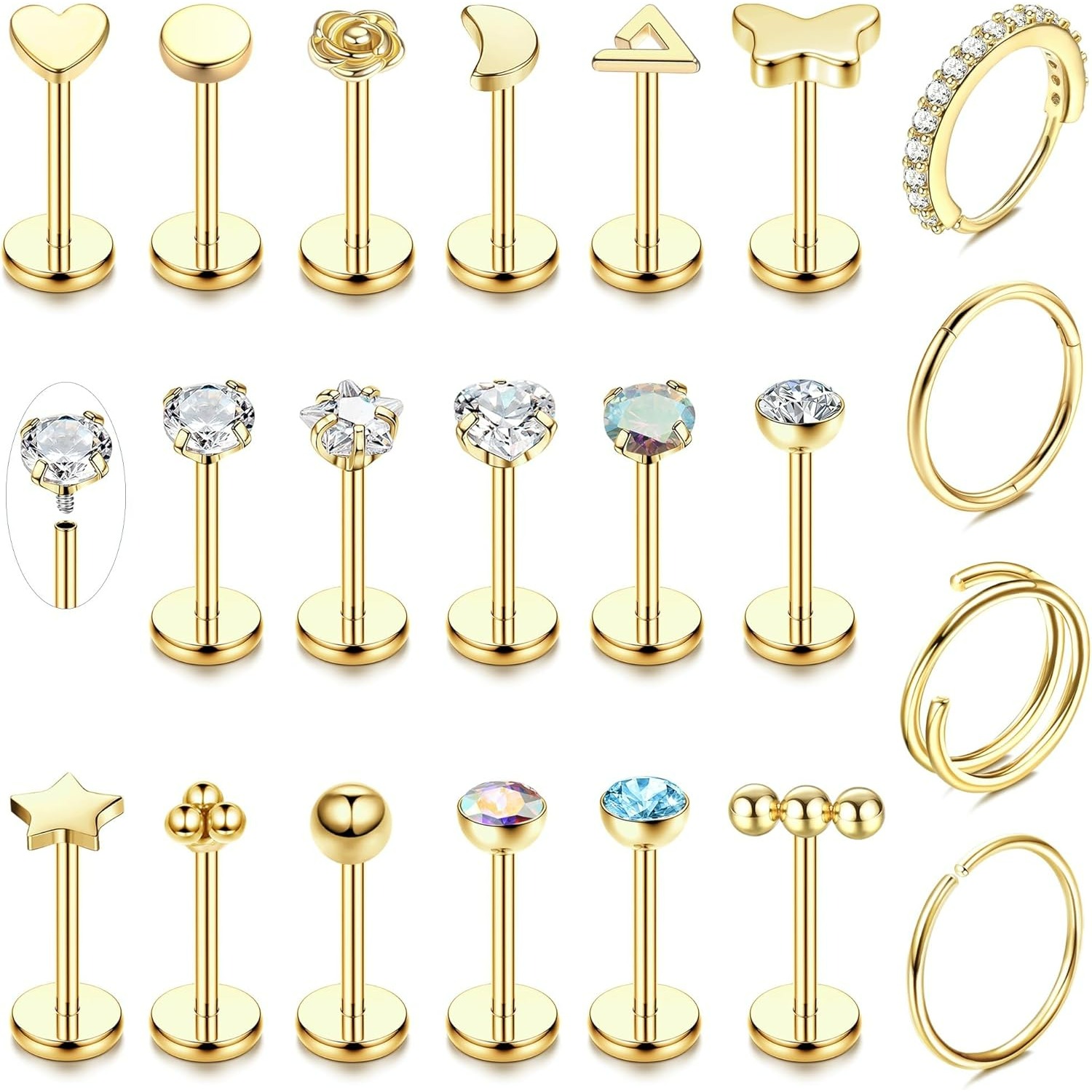 2d Flat - 21pcs Set Of Helix Piercing Additions Including Threaded Nose Studs, Flat Back Earrings, Helix Hoops, And Lip, Tragus, And Septum Rings