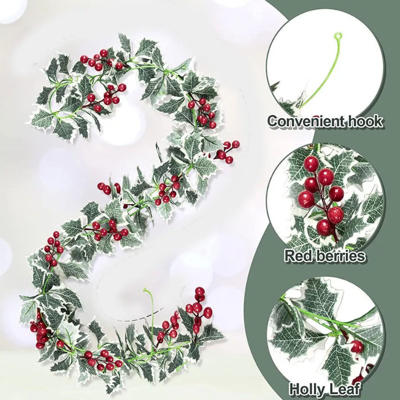 TEMU 2m Artificial Holly Garland With Red Berries & White Berries - Realistic Foliage, Durable Plastic Indoor/outdoor Christmas Decoration For