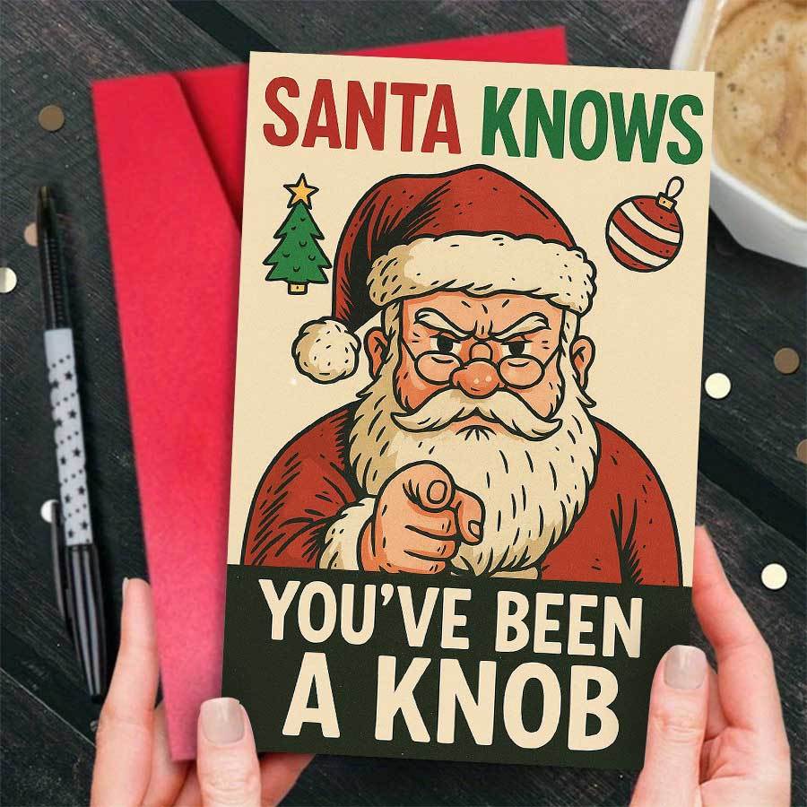 TEMU 1pc Funny Santa Christmas Card - Santa Knows You've A Knob - Santa With Santa Hat - Christmas Party Favors, Secret Santa Gifts, Office Pranks -