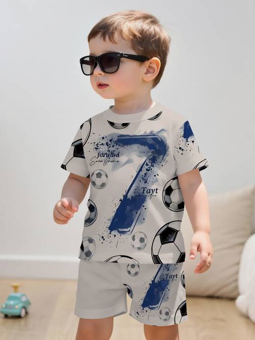 2pcs set of summer new baby boy casual rice white football 7 print pattern round neck t shirt and shorts comfortable and fashionable dressing outdoor