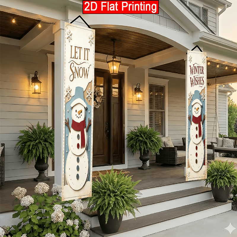 poza articolului banner 2d plat, 2d plat - 2d plat, 2d plat - banner 2d plat 2 buc, decorațiune de crăciun, banner de petrecere, banner de agățat la ușă cu tematică peisaj înghețat cu model om de zăpadă, potrivit pentru sărbători, petreceri și decorațiuni de exterior pentru gazonul grădinii, poliester