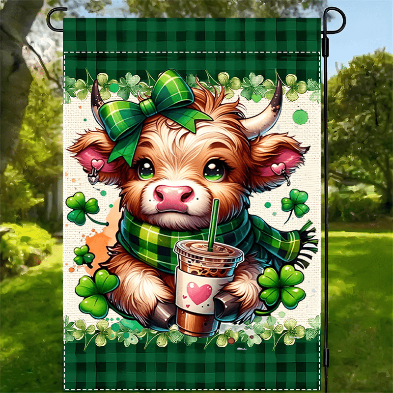 

1pc 's Day Cow Garden Flag, 12x18inch, Double-sided, Waterproof Polyester, Multipurpose Outdoor & Home Decor With Flower Garland Design, No Electricity Needed