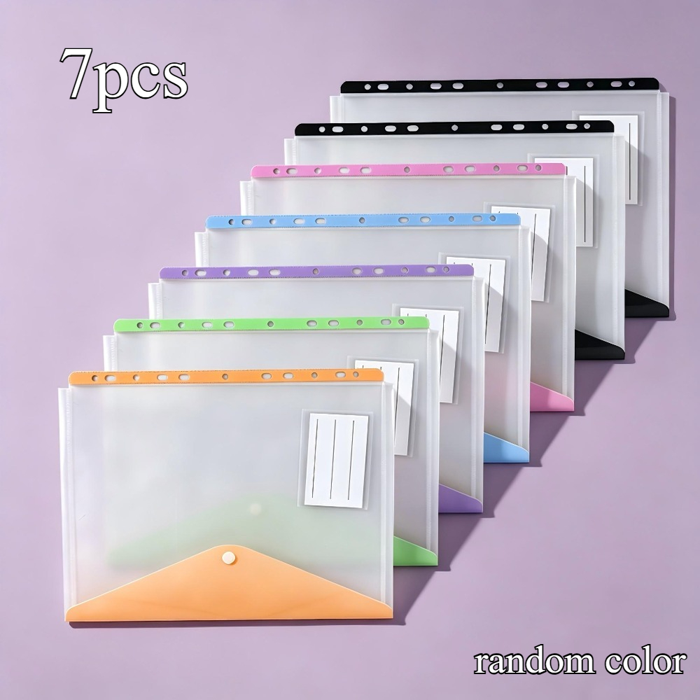 TEMU 7pcs 11-hole A4 Clear Document Pouches, Random Colors Expandable Binder Pockets Slot For 2/3/4 Ring Binders