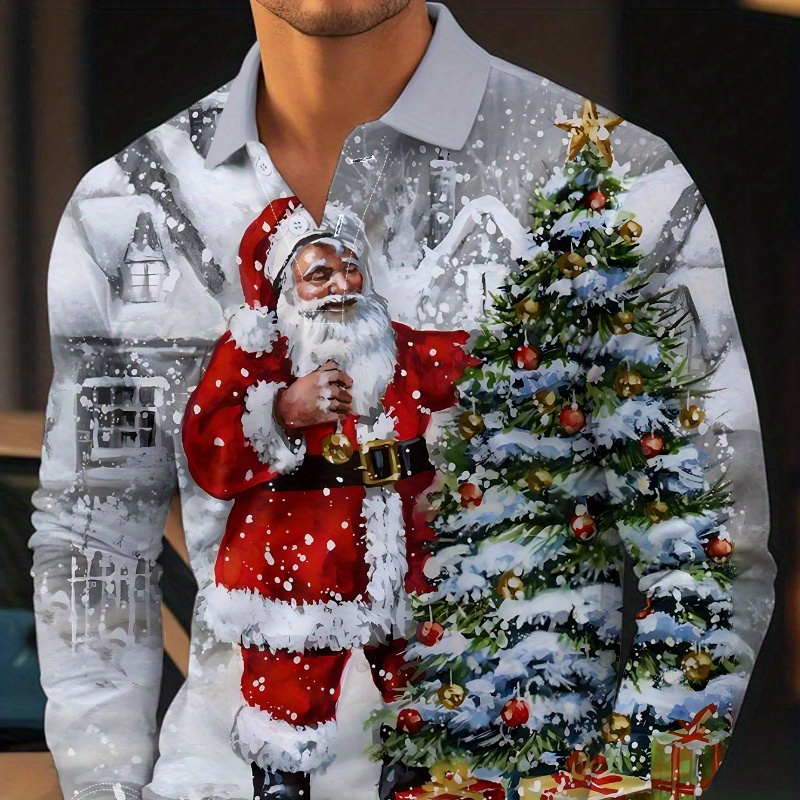 

3d Digital Printing Christmas Santa Claus Christmas Tree Lapel Casual Comfortable Long Sleeve Polo T-shirt Business & Home