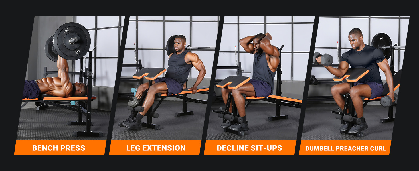 1 6-in-1 Opvouwbare Home Gym Gewicht voor bank | Multifunctioneel Workout voor bank met Squat Rack voor Bench Press, Leg Curl, Sit Up | Alles-in-één Fitness Set, Aluminiumlegering, Transparant Oranje, Zonder Batterij