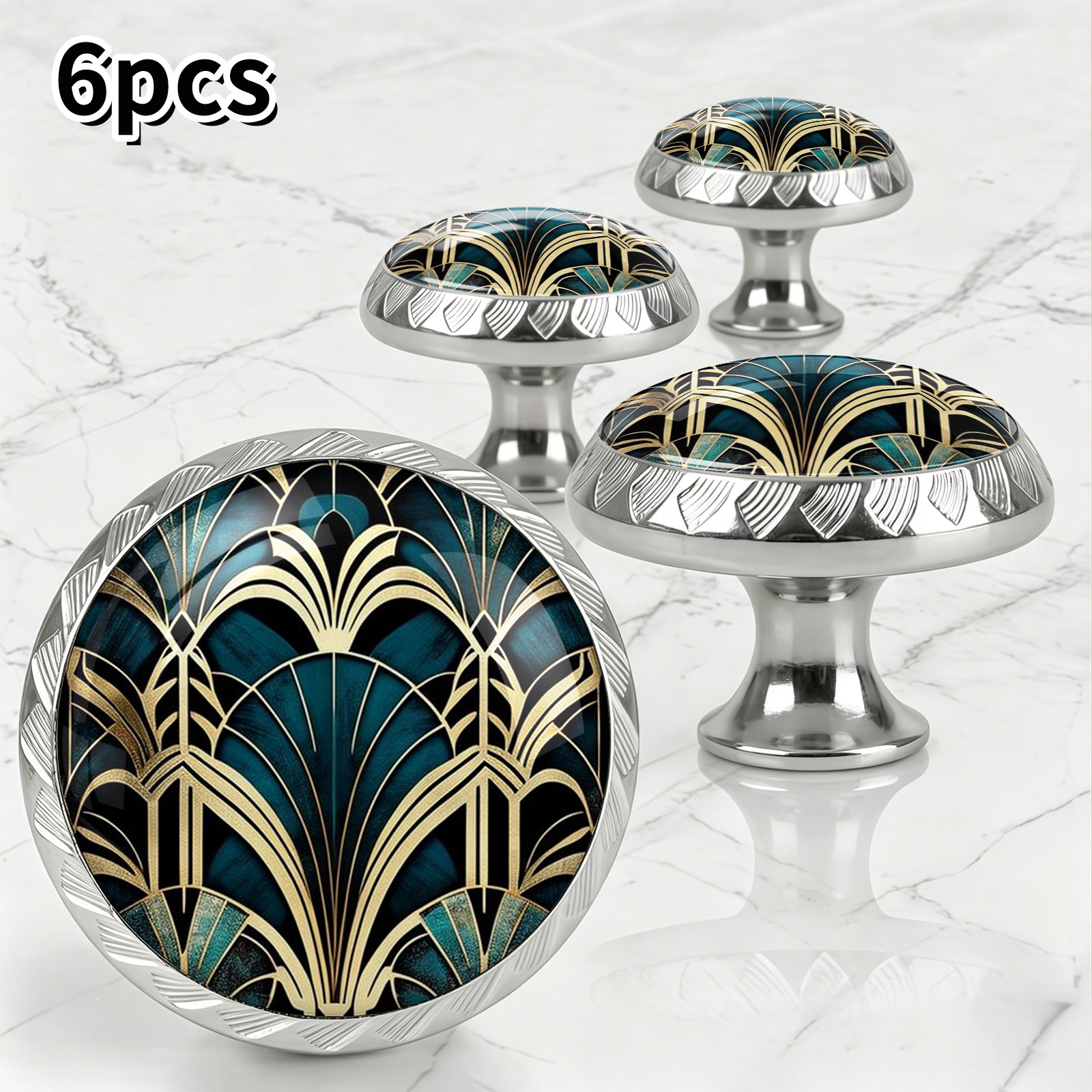 TEMU Cabinet Knobs Set Of 6, Round Crystal Glass Drawer Pulls 36mm, Furniture Handles For Cupboard Wardrobe Dresser, Hardware Decor, Art Deco Teal
