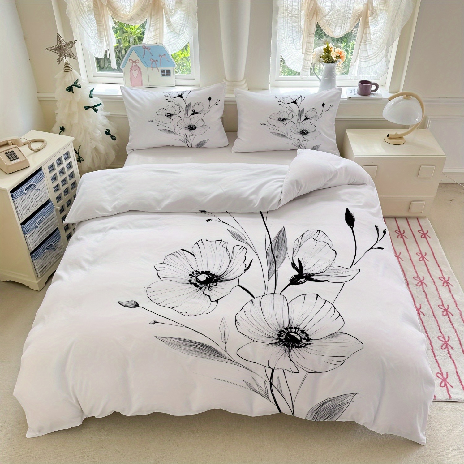 3-teiliges weißes Blumen-Bettwäsche-Set mit schwarzem Blumendesign (Bettbezug und 2 Kissenbezüge, Füllung nicht enthalten) * für * Schlafzimmer