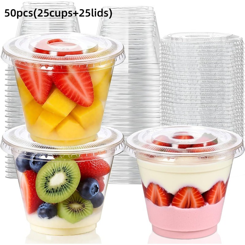 Image of 50pcs(25cups+25lids) Transparent Dessert Cups, Dessert Bowls, With No-hole Lids, Suitable For Ice Cream, Cakes, Snacks, Fruits, Cold Drinks, Smoothies, Pudding And Salads