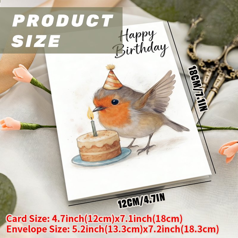 TEMU 1pc Of A Humorous Birthday Greeting Card, A Creative Gift For , Featuring Party Decorations With An Adorable Robin Bird In A Party Hat And A
