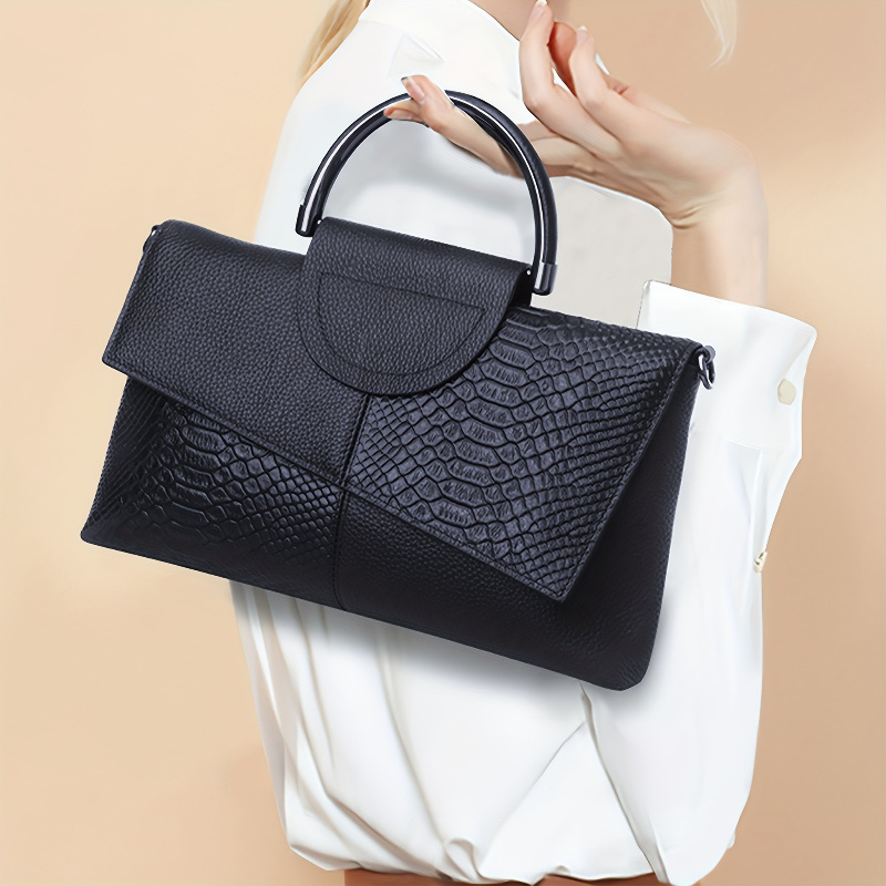 

Chic Black Crocodile-embossed Handbag For Women - Luxury Crossbody & Clutch Purse With Zip Closure, Fashionable Leather