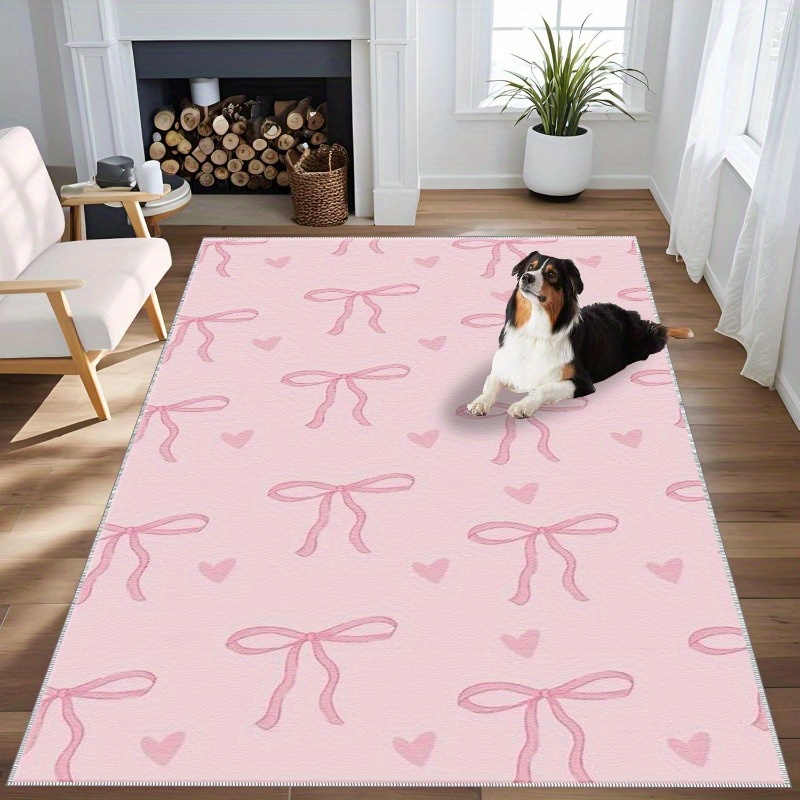 TEMU 1pc Pink Bowknot Patterned And Heart-shaped Decorated Small Area Mat, Lightweight, Washable And Easy To Tidy, Suitable For Bedroom, Living Room,