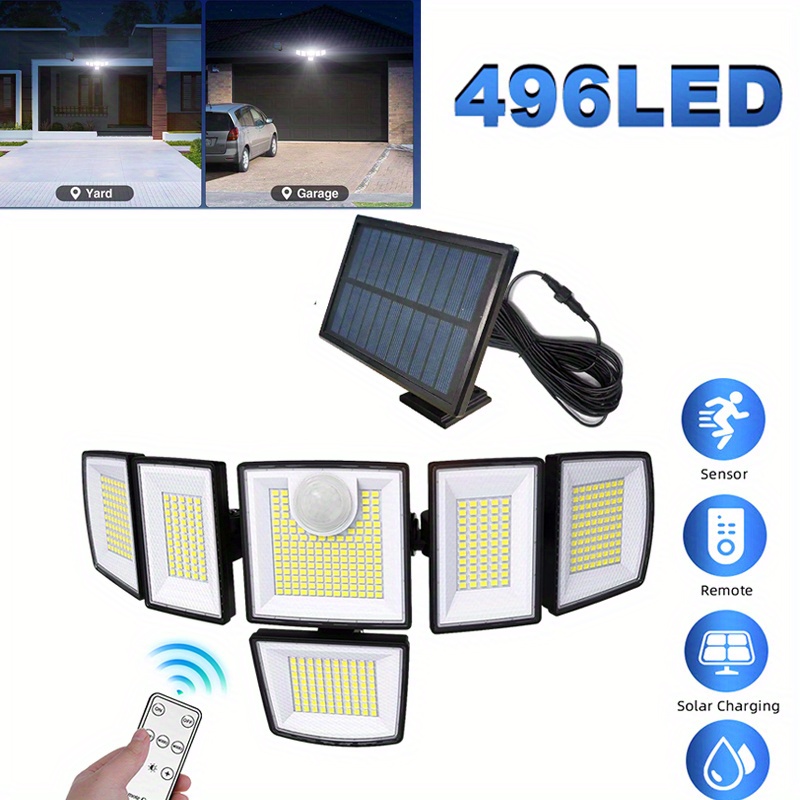 TEMU Separate Panel Solar Lights Outdoor, 496leds Upgraded Motion Sensor Solar Lights For Outside, 6 Heads Security Flood Light, 3 Wall Light